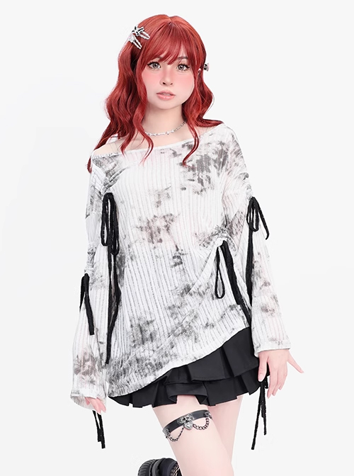 Misty Dreams Series Sweet Bow Drawstring Design Kawaii Fashion Black White Tie Dye Long Sleeves Top