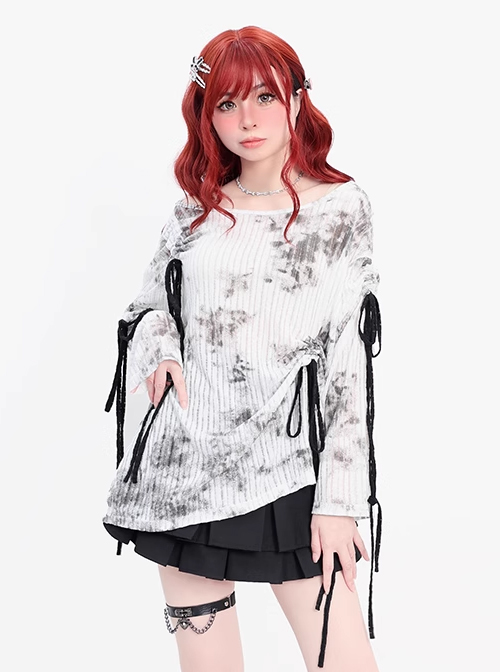 Misty Dreams Series Sweet Bow Drawstring Design Kawaii Fashion Black White Tie Dye Long Sleeves Top