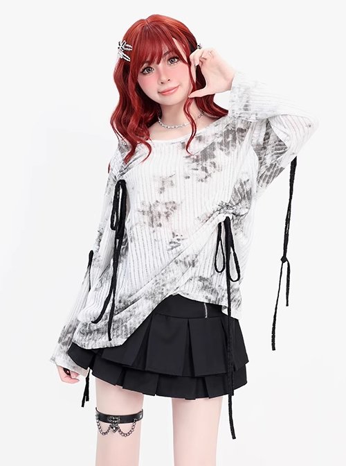 Misty Dreams Series Sweet Bow Drawstring Design Kawaii Fashion Black White Tie Dye Long Sleeves Top