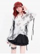 Misty Dreams Series Sweet Bow Drawstring Design Kawaii Fashion Black White Tie Dye Long Sleeves Top