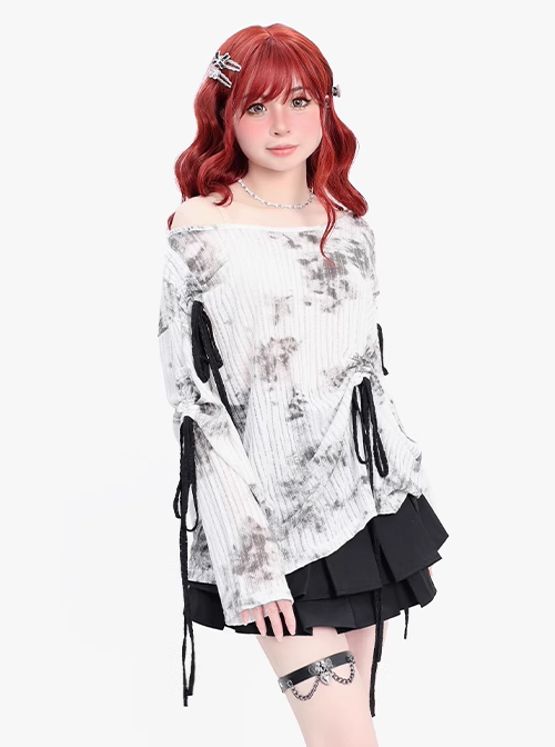 Misty Dreams Series Sweet Bow Drawstring Design Kawaii Fashion Black White Tie Dye Long Sleeves Top