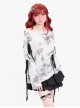 Misty Dreams Series Sweet Bow Drawstring Design Kawaii Fashion Black White Tie Dye Long Sleeves Top