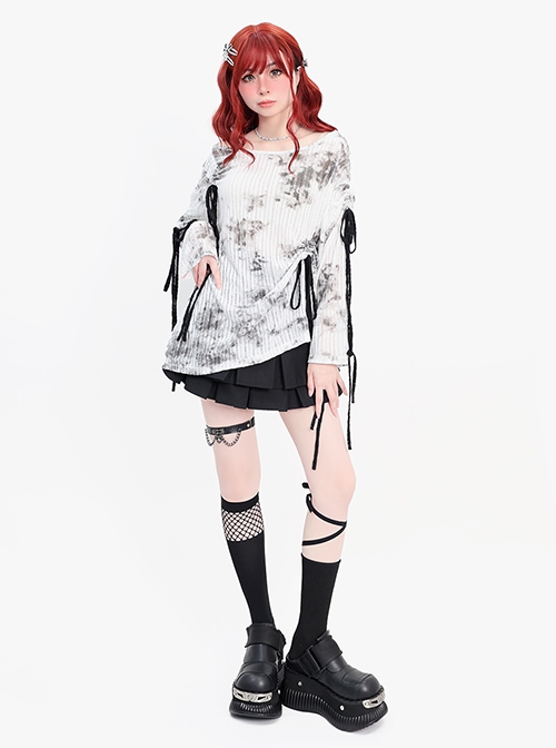 Misty Dreams Series Sweet Bow Drawstring Design Kawaii Fashion Black White Tie Dye Long Sleeves Top