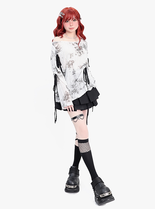 Misty Dreams Series Sweet Bow Drawstring Design Kawaii Fashion Black White Tie Dye Long Sleeves Top