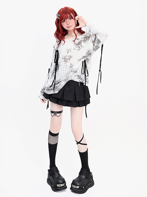 Misty Dreams Series Sweet Bow Drawstring Design Kawaii Fashion Black White Tie Dye Long Sleeves Top