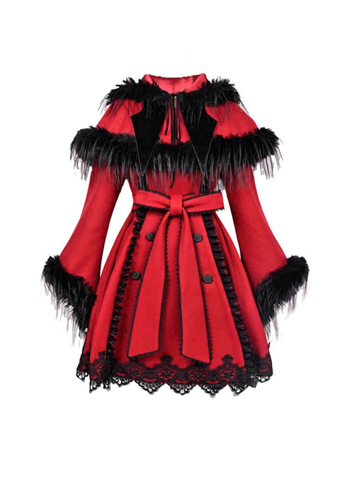 New Year Carol Series Christmas Black Red Gothic Punk Style Lace Fur Collar Woolen Coat Hooded Shawl Set