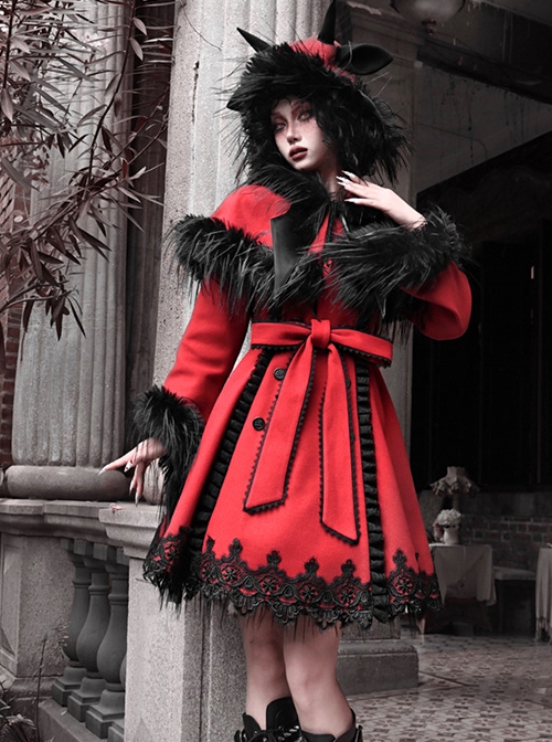 New Year Carol Series Christmas Black Red Gothic Punk Style Lace Fur Collar Woolen Coat Hooded Shawl Set