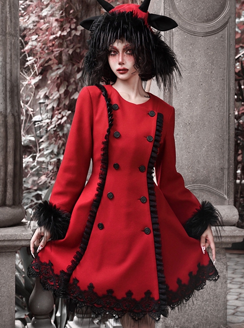 New Year Carol Series Christmas Black Red Gothic Punk Style Lace Fur Collar Woolen Coat Hooded Shawl Set