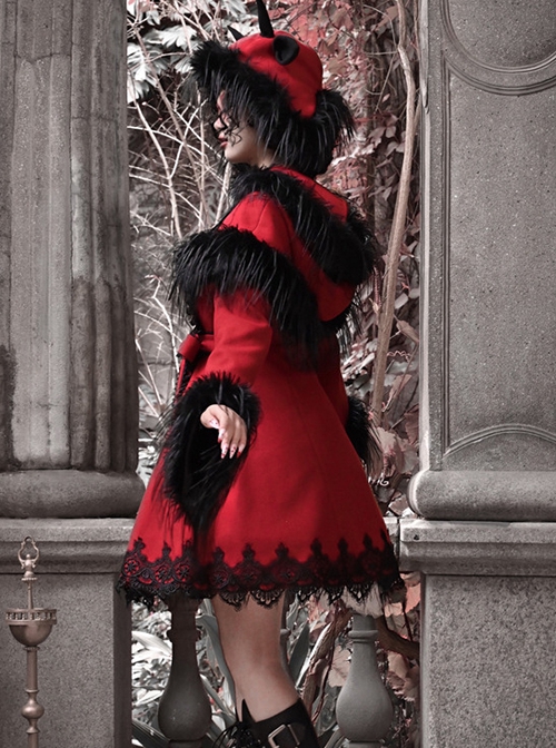 New Year Carol Series Christmas Black Red Gothic Punk Style Lace Fur Collar Woolen Coat Hooded Shawl Set