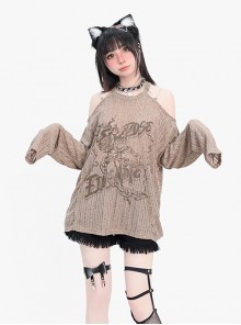 Lonely Rose Series Sexy Off Shoulder Wasteland Style Sweet Cool Rose Print Kawaii Fashion Brown Long Sleeves Top