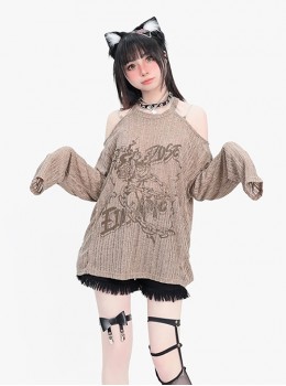 Lonely Rose Series Sexy Off Shoulder Wasteland Style Sweet Cool Rose Print Kawaii Fashion Brown Long Sleeves Top