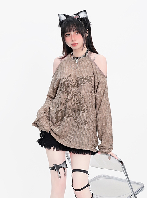 Lonely Rose Series Sexy Off Shoulder Wasteland Style Sweet Cool Rose Print Kawaii Fashion Brown Long Sleeves Top