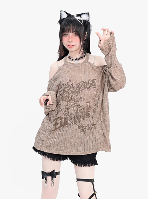 Lonely Rose Series Sexy Off Shoulder Wasteland Style Sweet Cool Rose Print Kawaii Fashion Brown Long Sleeves Top