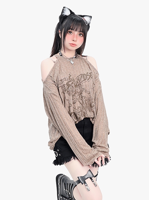 Lonely Rose Series Sexy Off Shoulder Wasteland Style Sweet Cool Rose Print Kawaii Fashion Brown Long Sleeves Top