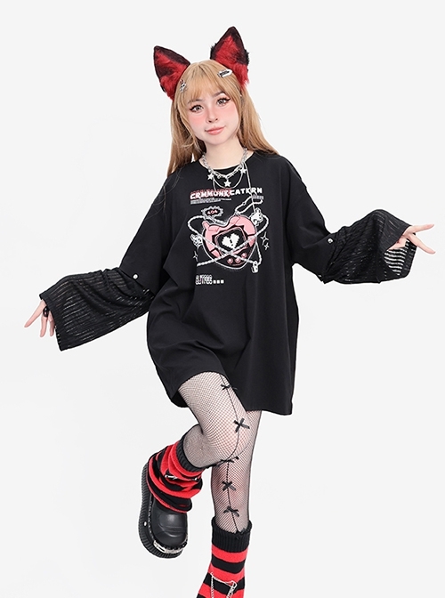 Angel In Chains Series Unique Heart Shaped Game Console Print Kawaii Fashion Black Long Sleeves T-Shirt