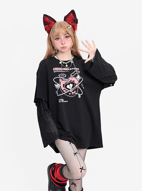 Angel In Chains Series Unique Heart Shaped Game Console Print Kawaii Fashion Black Long Sleeves T-Shirt