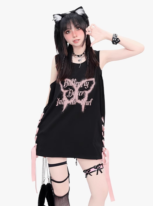 Flying Butterfly Shadow Series Sweet Cool Subculture Butterfly Print Cross Strap Design Kawaii Fashion Black Vest