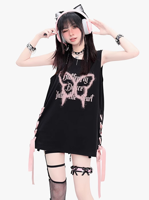 Flying Butterfly Shadow Series Sweet Cool Subculture Butterfly Print Cross Strap Design Kawaii Fashion Black Vest