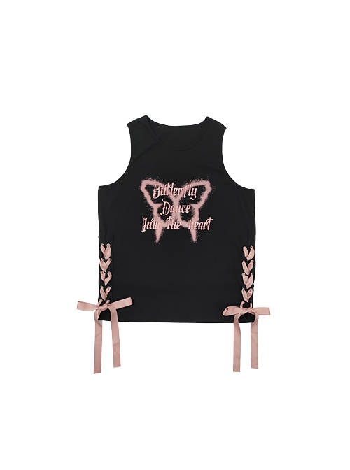 Flying Butterfly Shadow Series Sweet Cool Subculture Butterfly Print Cross Strap Design Kawaii Fashion Black Vest