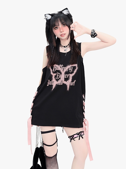 Flying Butterfly Shadow Series Sweet Cool Subculture Butterfly Print Cross Strap Design Kawaii Fashion Black Vest