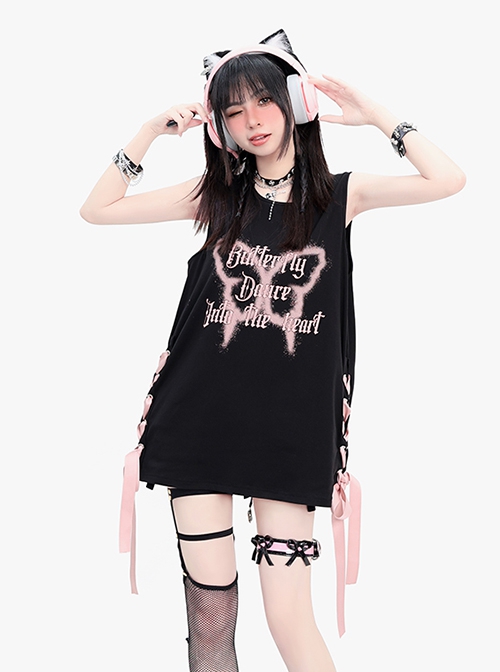 Flying Butterfly Shadow Series Sweet Cool Subculture Butterfly Print Cross Strap Design Kawaii Fashion Black Vest