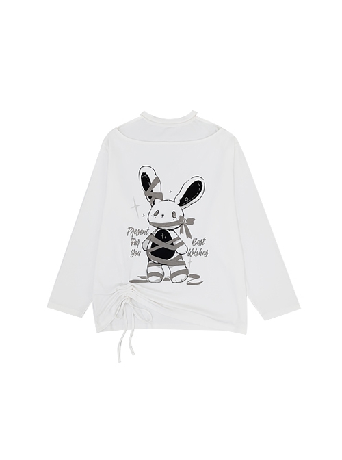 Your Gift Series Sexy Off Shoulder Cute Rabbit Print Hem Drawstring Kawaii Fashion White Long Sleeves Top