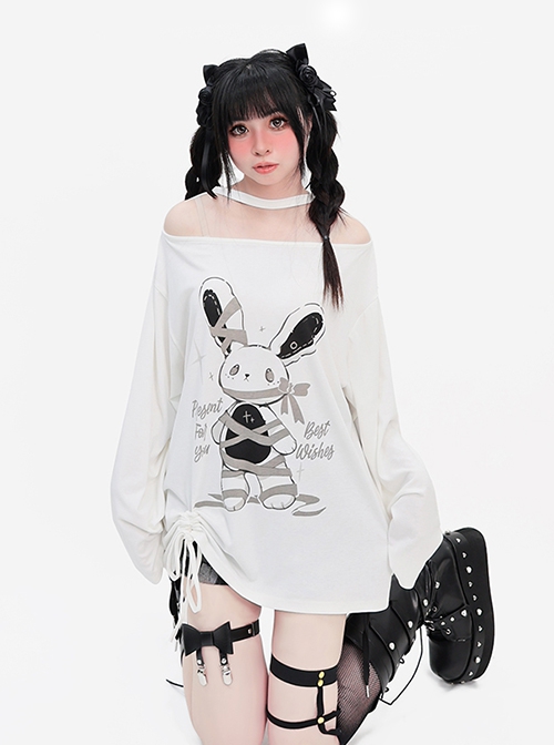 Your Gift Series Sexy Off Shoulder Cute Rabbit Print Hem Drawstring Kawaii Fashion White Long Sleeves Top