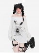 Your Gift Series Sexy Off Shoulder Cute Rabbit Print Hem Drawstring Kawaii Fashion White Long Sleeves Top