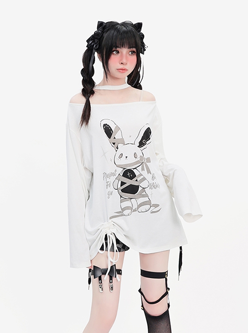 Your Gift Series Sexy Off Shoulder Cute Rabbit Print Hem Drawstring Kawaii Fashion White Long Sleeves Top