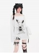 Your Gift Series Sexy Off Shoulder Cute Rabbit Print Hem Drawstring Kawaii Fashion White Long Sleeves Top