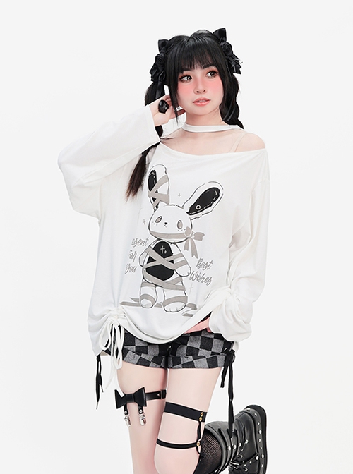 Your Gift Series Sexy Off Shoulder Cute Rabbit Print Hem Drawstring Kawaii Fashion White Long Sleeves Top