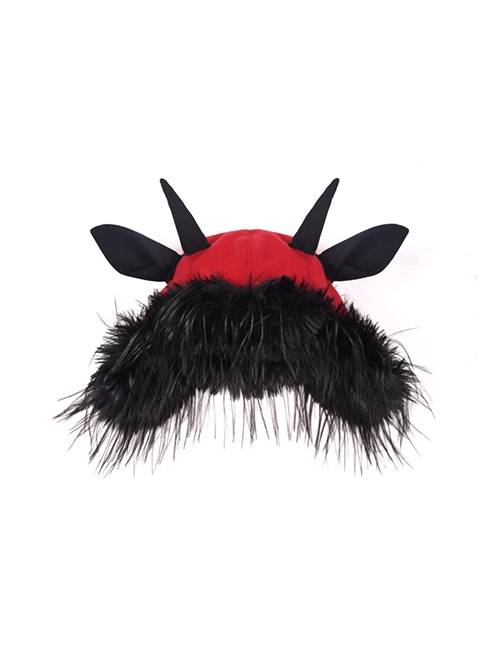 New Year Carol Series Christmas Black Red Gothic Punk Style Fur Woolen Devil Lamb Horns Hat