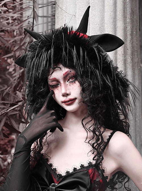 New Year Carol Series Christmas Black Red Gothic Punk Style Fur Woolen Devil Lamb Horns Hat