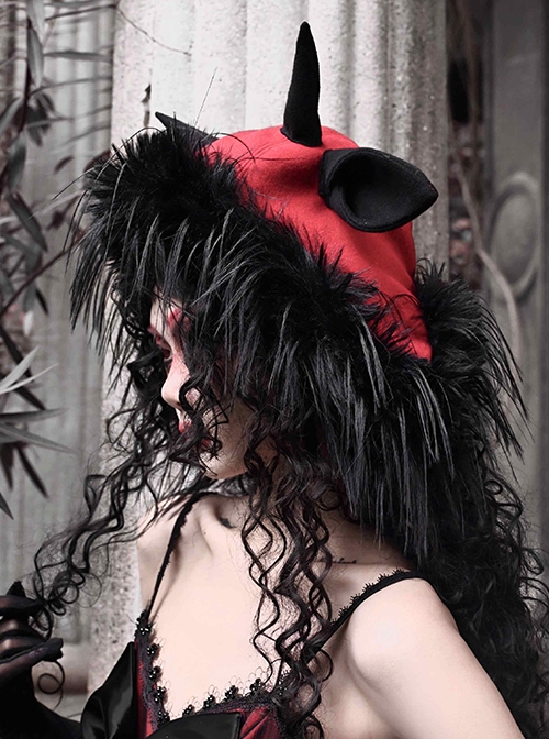 New Year Carol Series Christmas Black Red Gothic Punk Style Fur Woolen Devil Lamb Horns Hat