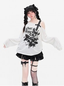 Galaxy Fantasy Series Sweet Cool Y2K Fantasy Print Pattern Off Shoulder Design Kawaii Fashion White Long Sleeves Top