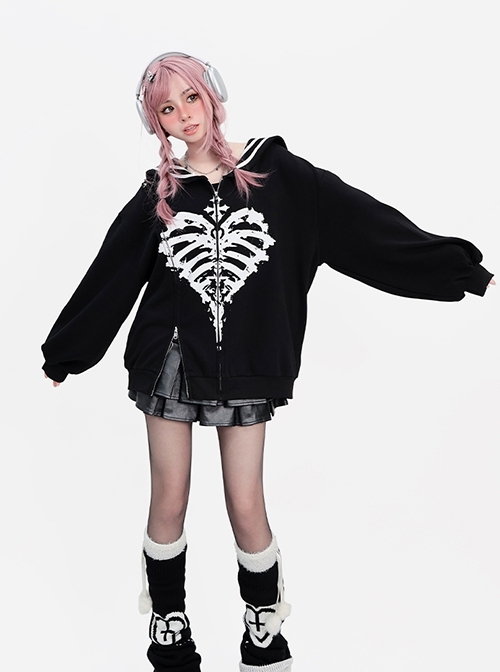 The End Of Love Sweet Cool Y2K Navy Collar Skull Heart Print Hem Slit Kawaii Fashion Black Long Sleeves Coat