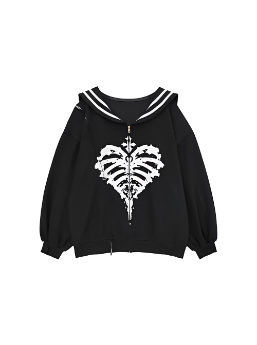 The End Of Love Sweet Cool Y2K Navy Collar Skull Heart Print Hem Slit Kawaii Fashion Black Long Sleeves Coat