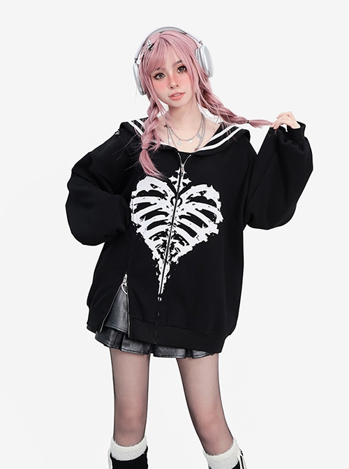 The End Of Love Sweet Cool Y2K Navy Collar Skull Heart Print Hem Slit Kawaii Fashion Black Long Sleeves Coat