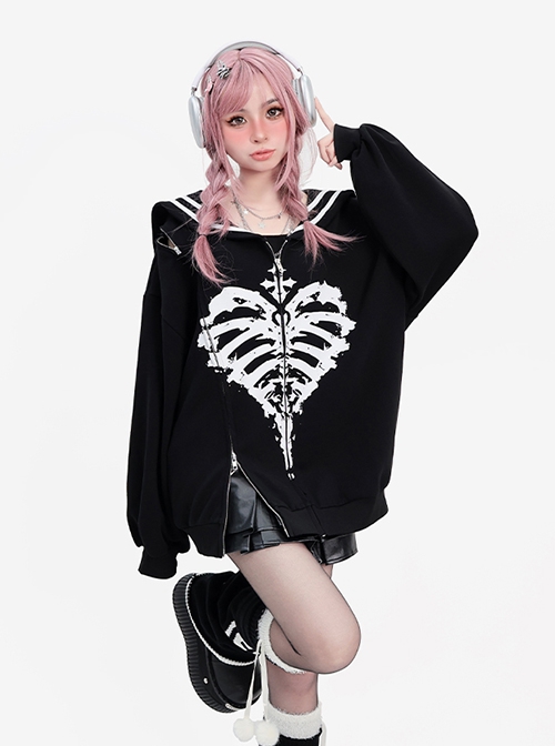 The End Of Love Sweet Cool Y2K Navy Collar Skull Heart Print Hem Slit Kawaii Fashion Black Long Sleeves Coat