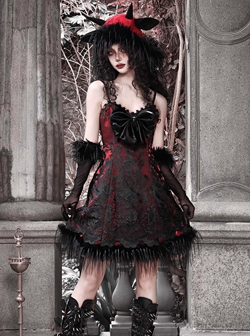 New Year Carol Series Christmas Black Red Gothic Punk Velvet Bowknot Jacquard Lace Sleeveless Suspender Dress