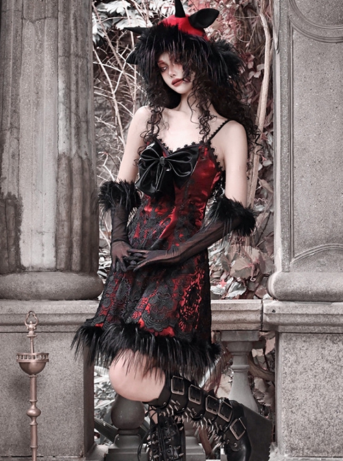 New Year Carol Series Christmas Black Red Gothic Punk Velvet Bowknot Jacquard Lace Sleeveless Suspender Dress