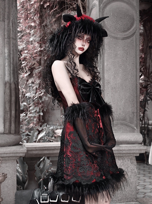 New Year Carol Series Christmas Black Red Gothic Punk Velvet Bowknot Jacquard Lace Sleeveless Suspender Dress