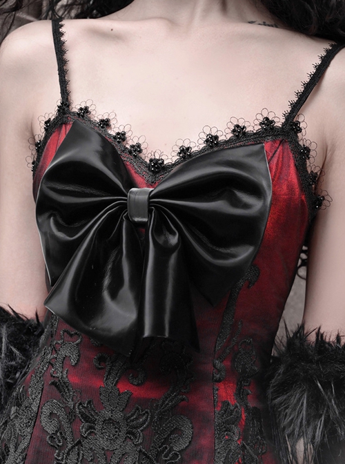 New Year Carol Series Christmas Black Red Gothic Punk Velvet Bowknot Jacquard Lace Sleeveless Suspender Dress