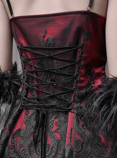 New Year Carol Series Christmas Black Red Gothic Punk Velvet Bowknot Jacquard Lace Sleeveless Suspender Dress