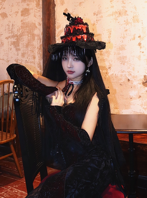 Scarlet Blood Peak Series Gothic Punk Mesh Yarn Lace Black Forest Cake Bloody Cross Hat