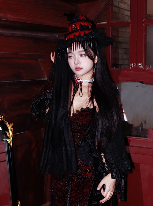 Scarlet Blood Peak Series Gothic Punk Mesh Yarn Lace Black Forest Cake Bloody Cross Hat