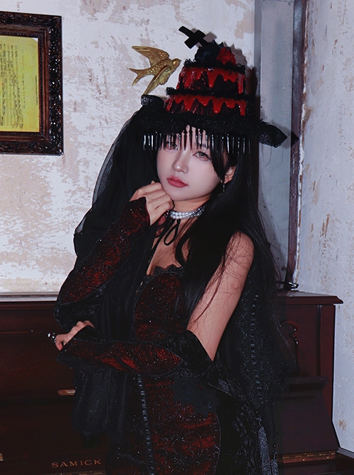 Scarlet Blood Peak Series Gothic Punk Mesh Yarn Lace Black Forest Cake Bloody Cross Hat