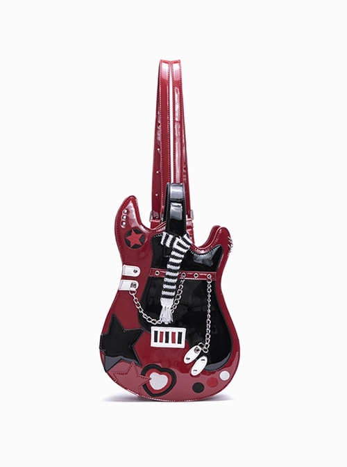 Cool Contrasting Design Unique Guitar Shape Punk Metal Rivet Chain Decoration Kawaii Fashion Bag