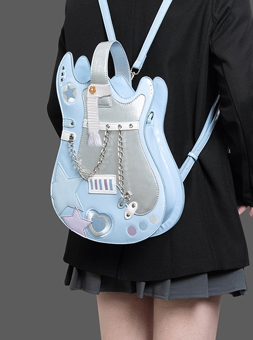 Cool Contrasting Design Unique Guitar Shape Punk Metal Rivet Chain Decoration Kawaii Fashion Bag