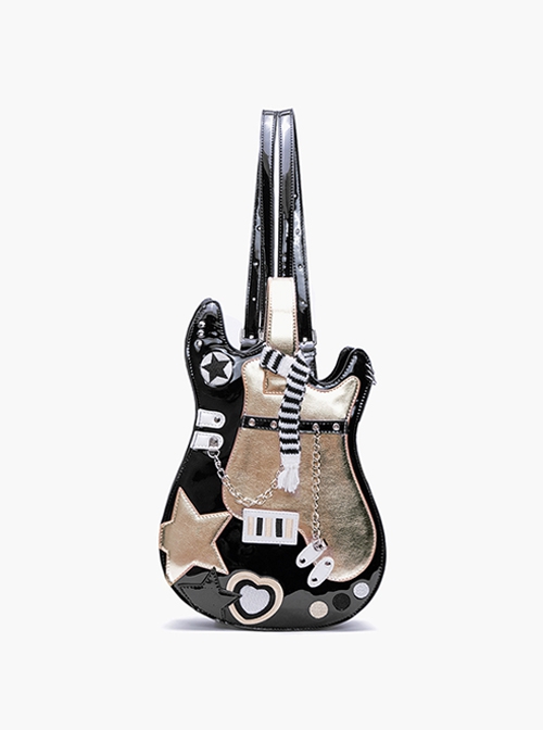 Cool Contrasting Design Unique Guitar Shape Punk Metal Rivet Chain Decoration Kawaii Fashion Bag